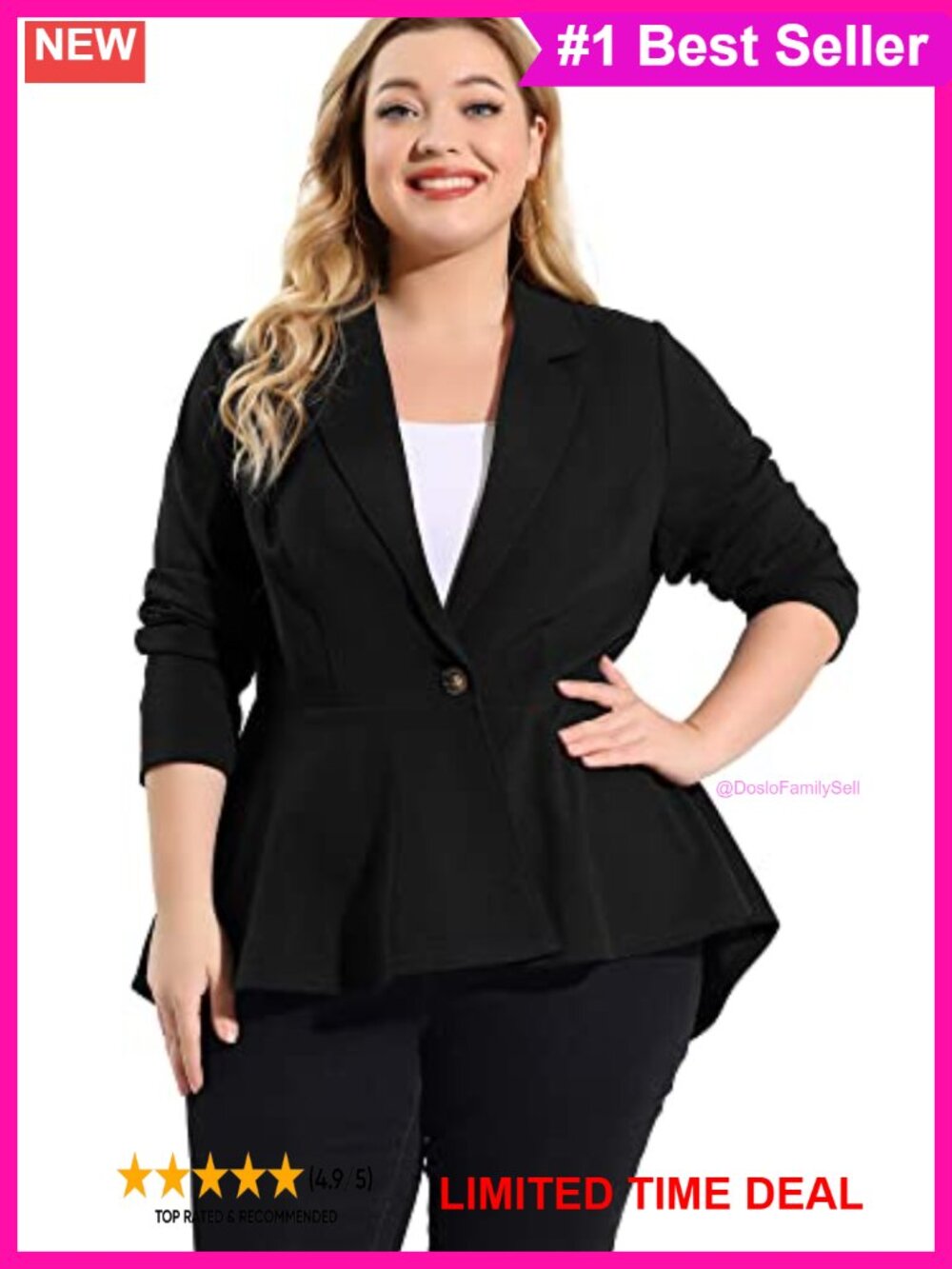 Plus Size Peplum Blazer Notch Lapel Button Up Long Sleeve Business Casual